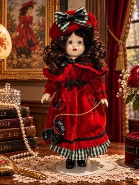Vintage 1995 Brass Key "Mattie" Porcelain Doll 16" Red Velvet Scottie Dog